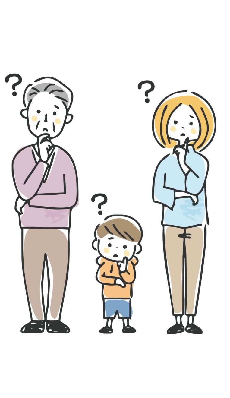 悩んでいる人が三人並んでいるイラスト